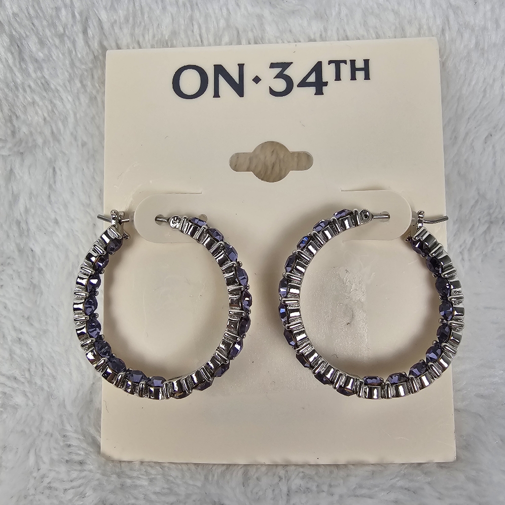 On 34th Women's Silver And Purple Crystal Hoop Earrings
